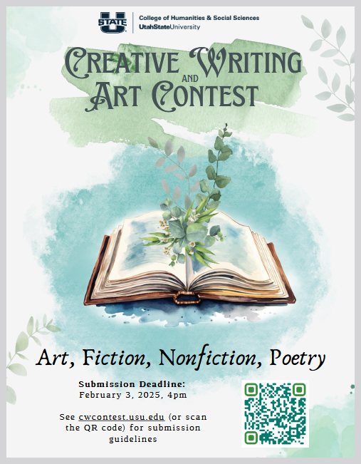 open book with words creative writing and art contest, art, fiction, nonfiction, poetry, submission deadline Feb 3, 2025