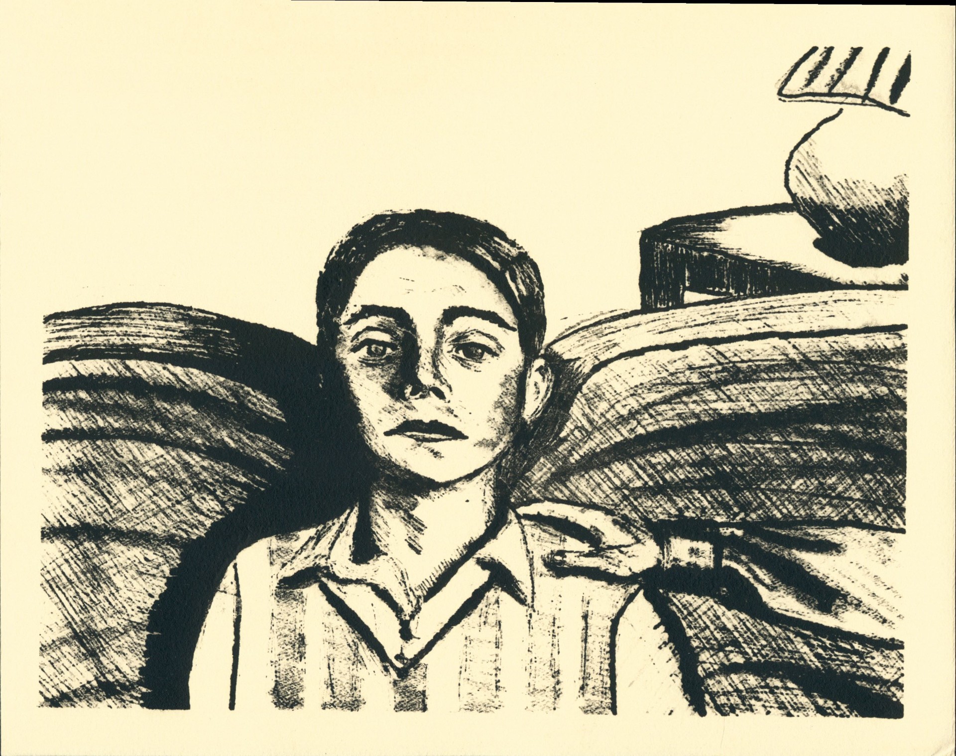 Lithography of a boy sitting with a hand on his shoulder
