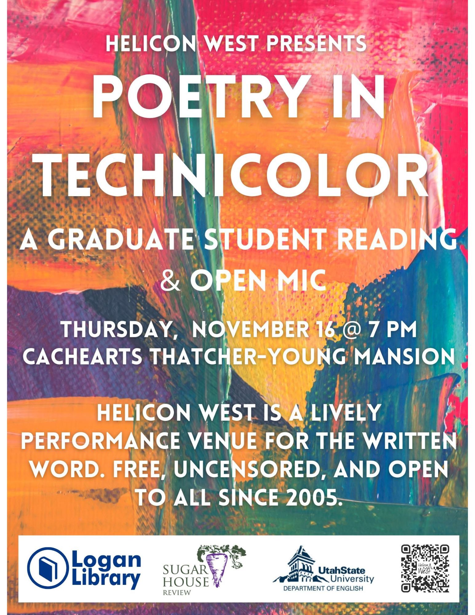Colorful flyer for a Helicon West event titled Poetry in Technicolor. Details for the event are written out next to the flyer image.