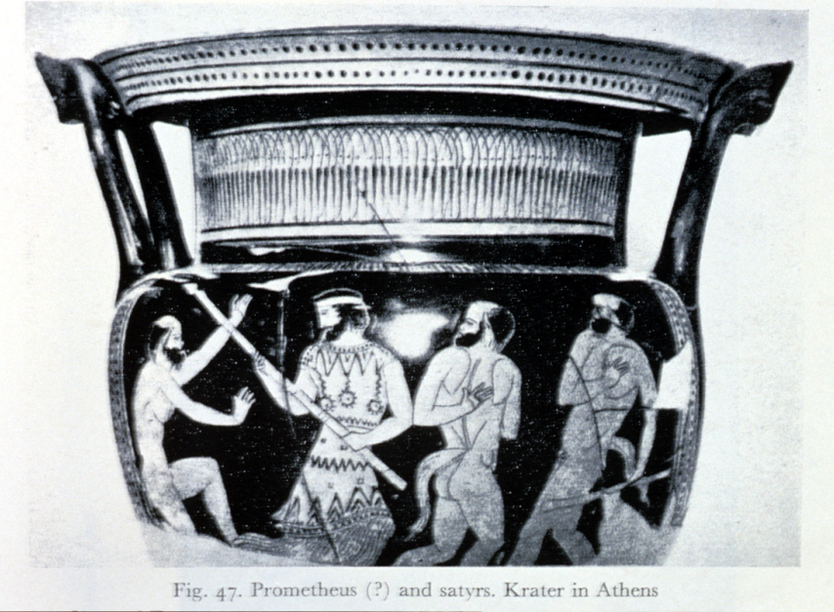 Greek vase depicting Prometheus and the Satyrs