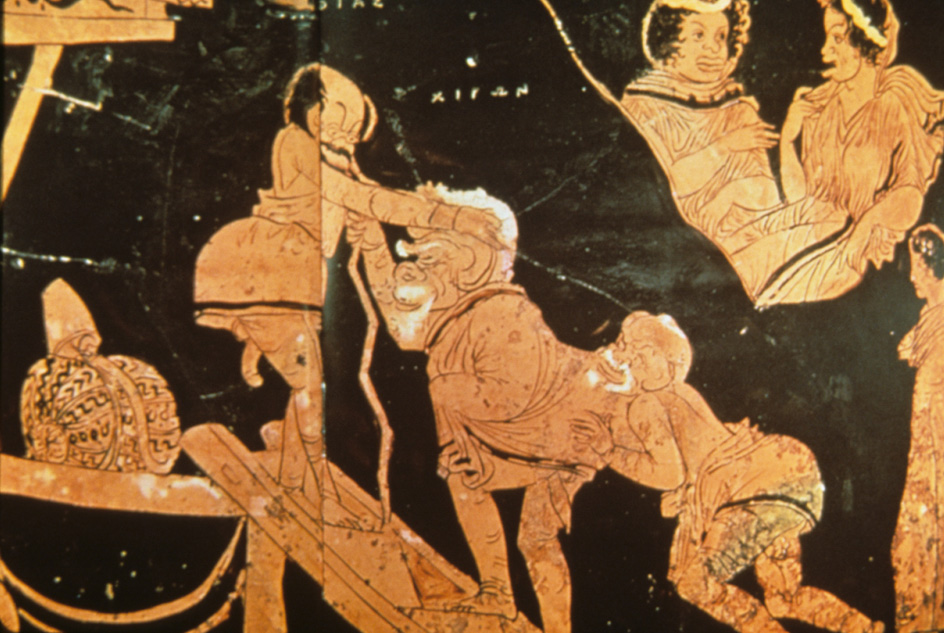 Greek vase depicting a slave pushing an old man up a ramp in a comedy