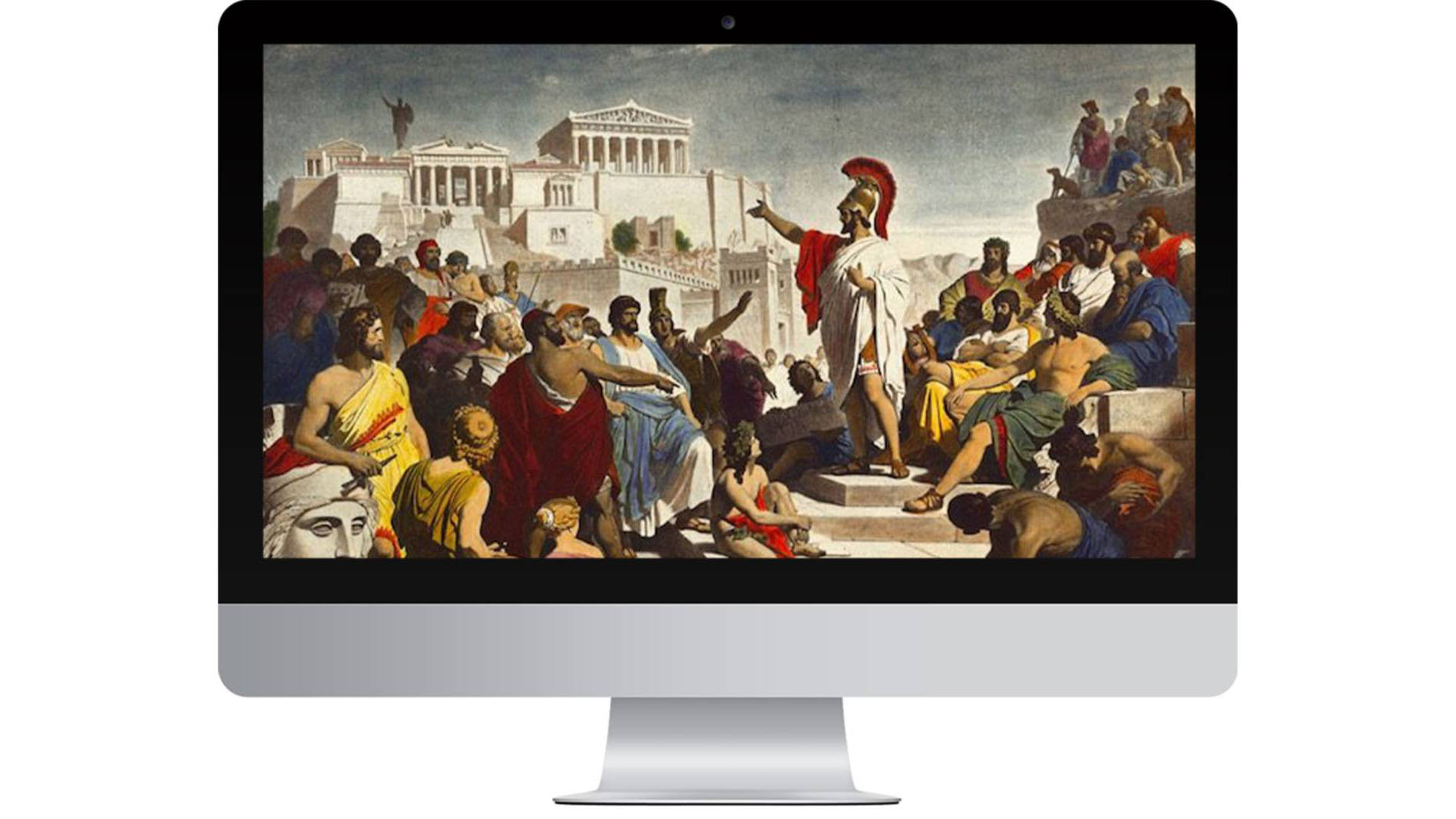 A computer monitor featuring a piece of art depicting a Greco-Roman scene
