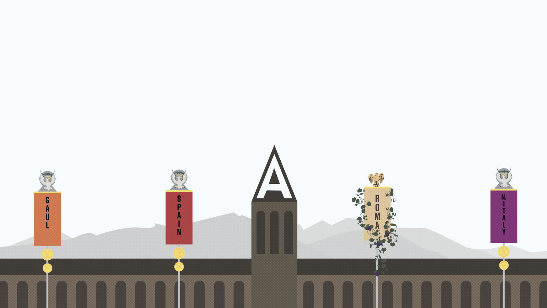 An illustration of the Old Main tower between flags of different ancient nations