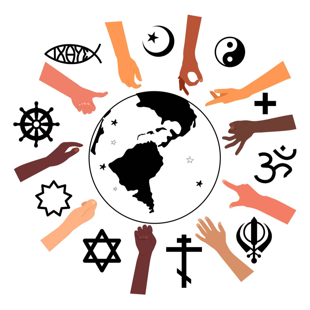 religious symbols and hands around the world