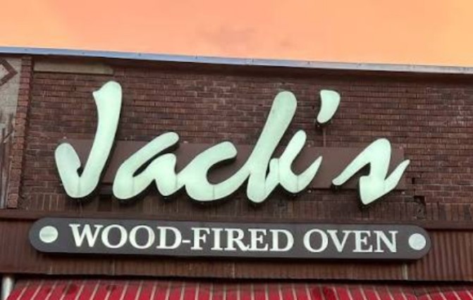 Jack's Wood-Fired Oven storefront sign.