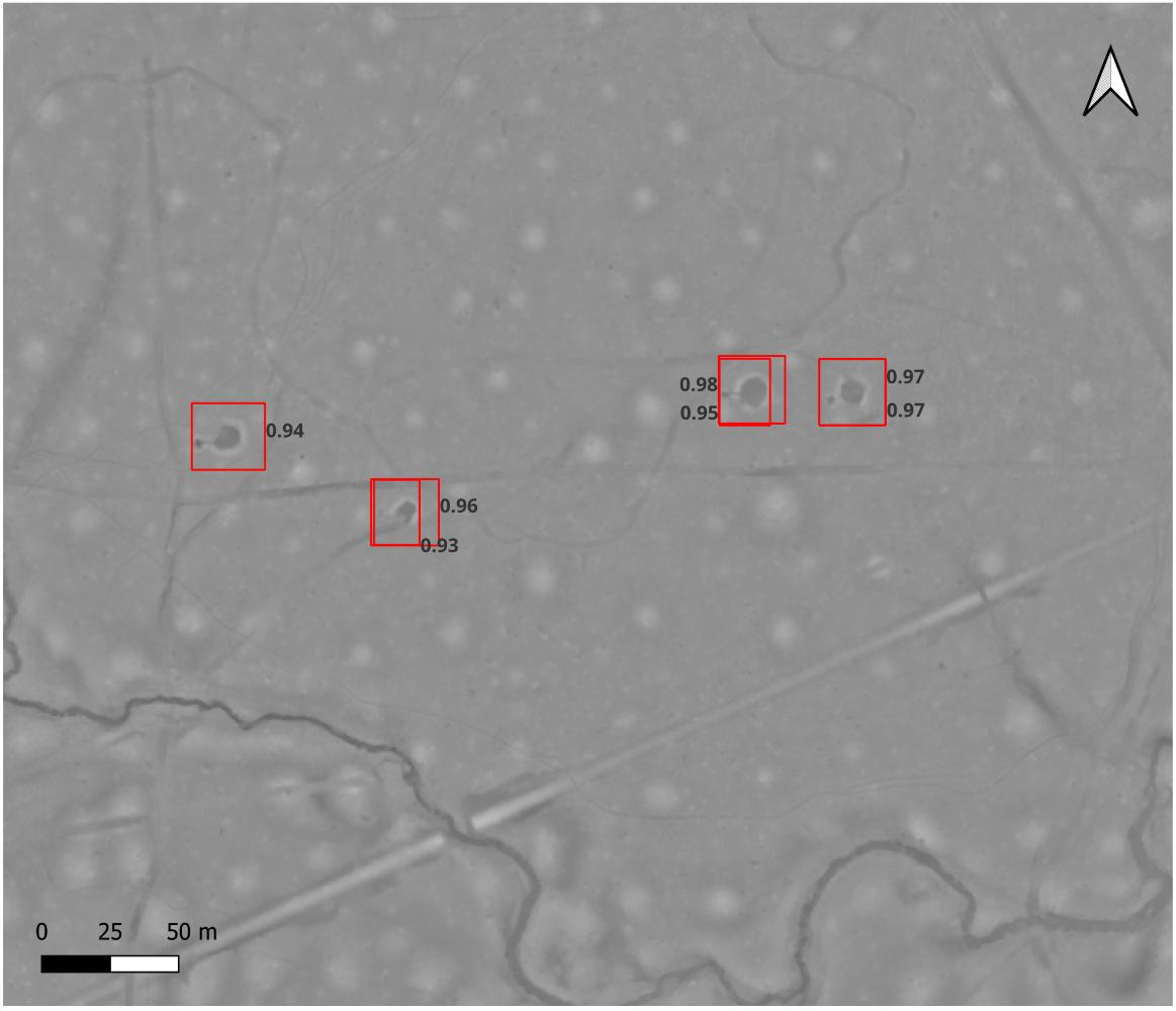 A LiDAR scan with relevant points highlighted with red rectangles.