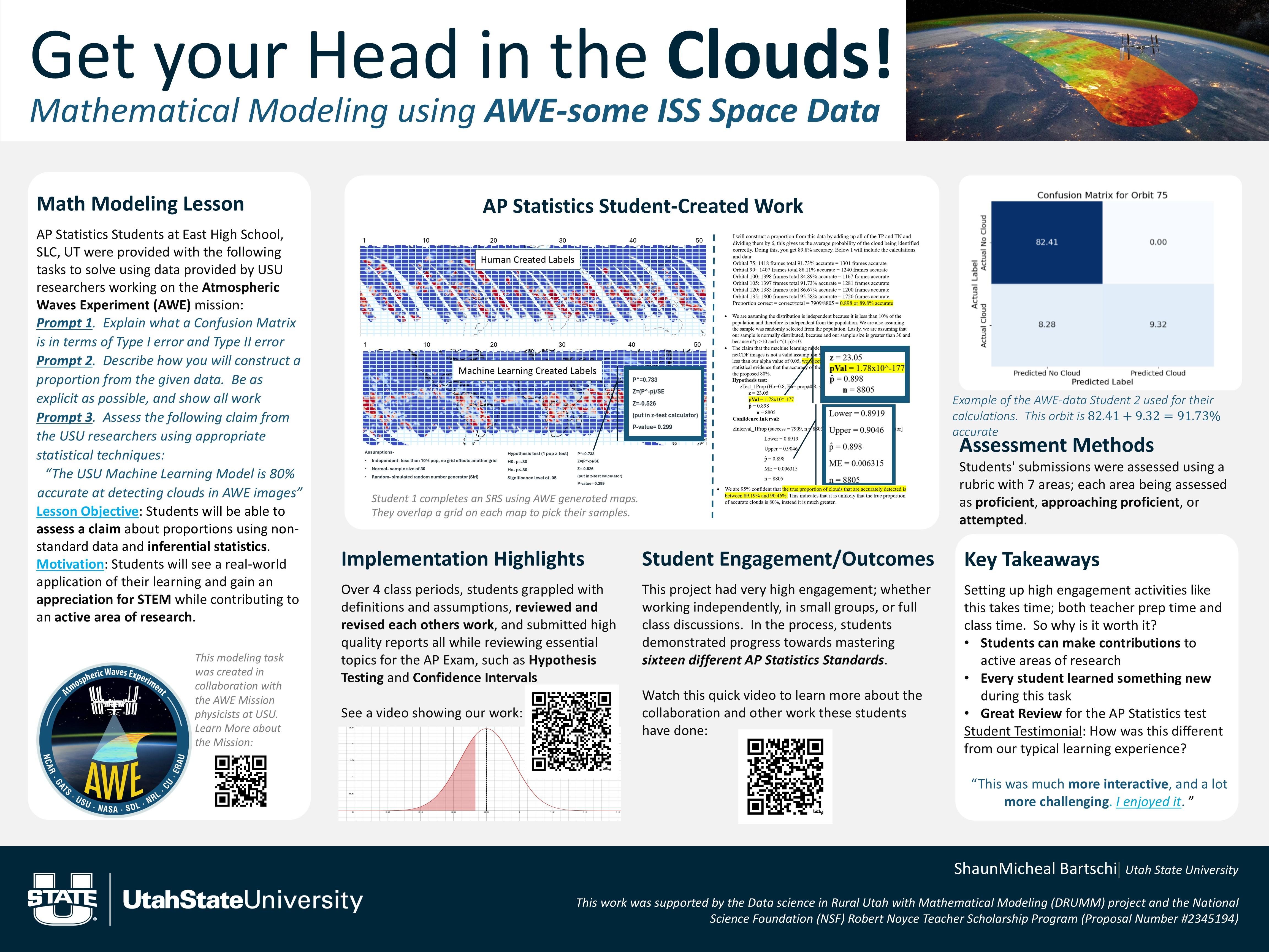 A clean, white poster titled “Get your Head in the Clouds!” with the subtitle “Mathematical Modeling using AWE-some ISS Space Data,” plus a banner image of Earth from space with a colorful overlay. The left panel, “Math Modeling Lesson,” states that AP Statistics students used data connected to USU researchers and the Atmospheric Waves Experiment (AWE) mission; it lists three prompts (explain a confusion matrix in Type I/II error terms, construct a proportion from the data, and assess a claim about model accuracy) and includes a lesson objective about evaluating claims using non-standard data and inferential statistics. A circular AWE mission logo and a QR code appear near the bottom left.
The center panel, “AP Statistics Student-Created Work,” shows two large gridded maps labeled “Human Created Labels” and “Machine Learning Created Labels,” plus a page of statistical work with highlighted values and a QR code for a video. The right panel shows a confusion matrix heatmap titled “Confusion Matrix for Orbit 75,” with visible cell values including 82.41, 0.00, 8.28, and 9.32 and an accompanying note indicating the combined correct classifications (82.41 + 9.32) equal 91.73% accuracy. Below are “Assessment Methods” (rubric-based scoring categories) and “Key Takeaways” bullets, including that students can contribute to active research and that it is strong AP Stats review; a short student testimonial quote appears at the bottom. The footer includes Utah State University branding and the author name “ShaunMicheal Bartschi.”

