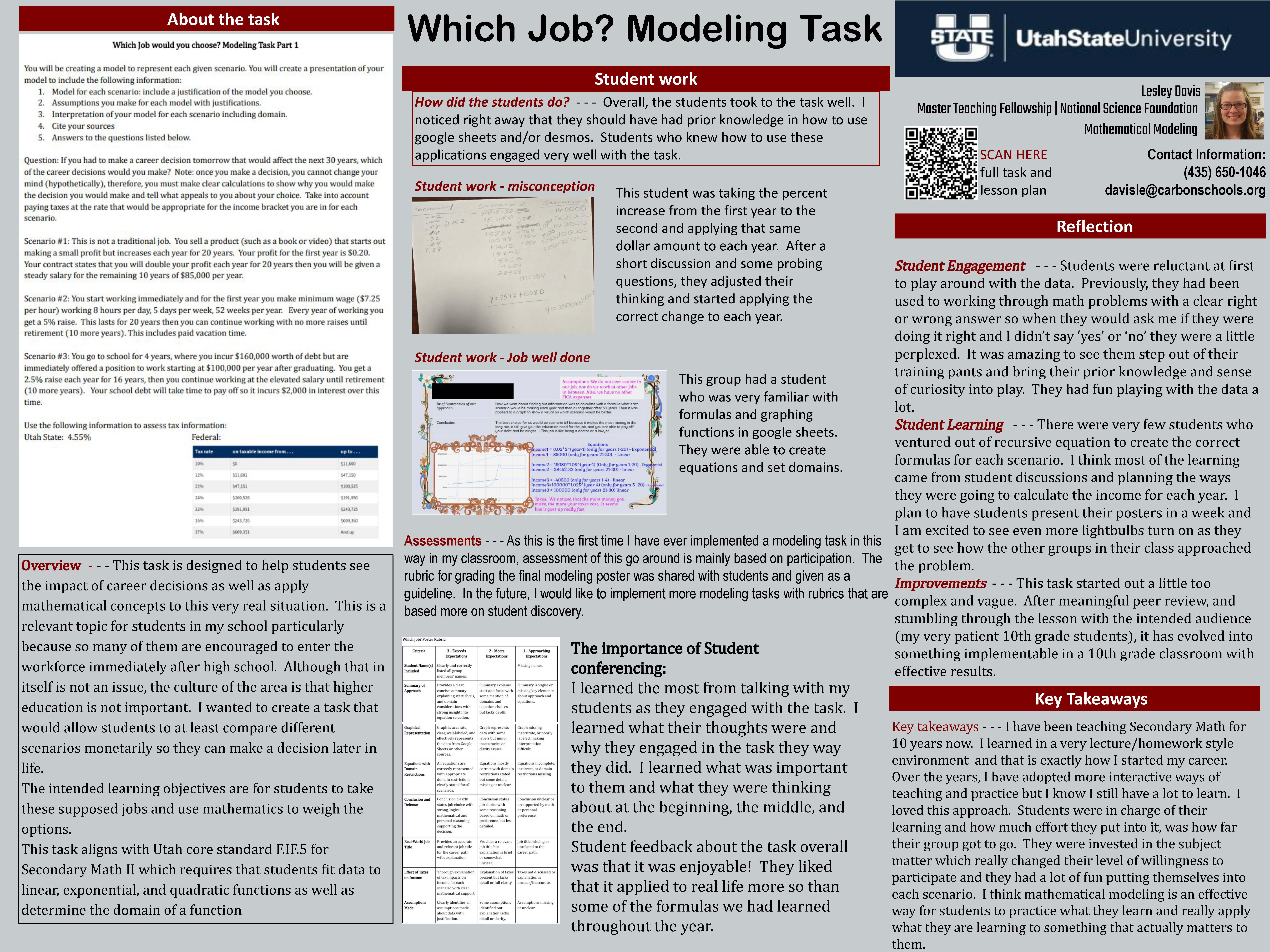 A three-column poster titled “Which Job? Modeling Task,” with a Utah State University header. The left column, headed “About the task,” contains a dense block of instructional text explaining a career-choice modeling activity (“Which job would you choose? Modeling Task Part 1”). It lists required presentation components (model choice/justification, assumptions, interpretation including domain, citations, answers to questions), followed by scenario descriptions and a small tax/interest-rate reference section; a large “Overview” box at the bottom explains the goal of helping students compare long-term impacts of career decisions and connects the activity to Secondary Math II standards (fitting data to linear/exponential/quadratic functions and determining domain).
The center column includes “Student work” with a short narrative evaluation (“How did the students do?”) and two labeled examples: “Student work – misconception” (a photo of handwritten work) and “Student work – job well done” (a photo of a completed digital/typed student artifact). The right column contains a QR code labeled “SCAN HERE” for the full task and lesson plan, instructor contact information (name: Lesley Davis; email visible as davisle@carbonschools.org; phone number shown), and a “Reflection” section with subsections for student engagement, student learning, and improvements. A “Key Takeaways” box at the bottom summarizes teaching reflections and the value of modeling tasks for student ownership and engagement.