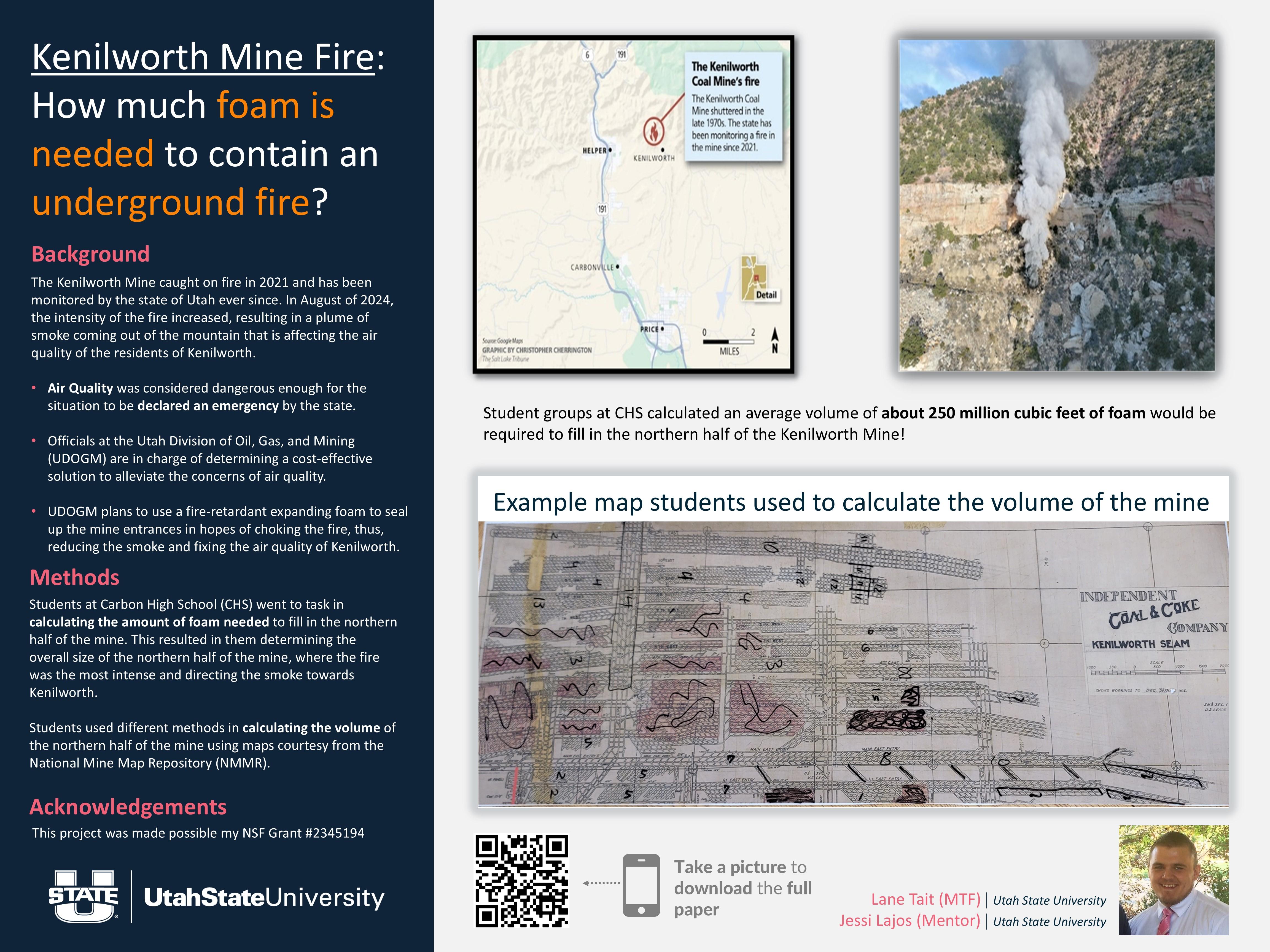 A poster with a dark navy left panel and a light right panel. The left panel title reads “Kenilworth Mine Fire: How much foam is needed to contain an underground fire?” with the word “foam” highlighted in orange. Under “Background,” the text explains the mine caught fire in 2021, has been monitored by Utah since then, and that in August 2024 the fire’s intensity increased, producing a smoke plume affecting Kenilworth residents’ air quality. Bulleted points state that air quality was dangerous enough for the situation to be declared an emergency, that the Utah Division of Oil, Gas, and Mining (UDOGM) is responsible for determining a cost-effective solution, and that UDOGM plans to use fire-retardant expanding foam to seal mine entrances to choke the fire and reduce smoke. Under “Methods,” it describes Carbon High School (CHS) students calculating the foam needed to fill the northern half of the mine and using maps from the National Mine Map Repository (NMMR). The bottom left includes an Acknowledgements line referencing NSF Grant #2345194 and Utah State University branding.
The right panel contains multiple visuals: a small location map with a callout box titled “The Kenilworth Coal Mine’s fire” noting the mine shut down in the late 1970s and that the state has monitored a fire there since 2021; a large photo of a rocky mountainside with a thick white smoke plume rising from a mine area; and a bold statement that CHS student groups estimated about 250 million cubic feet of foam would be required to fill the northern half of the Kenilworth Mine. Below is a wide image labeled “Example map students used to calculate the volume of the mine,” showing an old mine map/blueprint (including “Independent Coal & Coke Company / Kenilworth Seam”) with hand-shaded sections and marker annotations. Along the bottom are a QR code next to text instructing viewers to take a picture to download the full paper, plus contributor names Lane Tait (MTF) and Jessi Lajos (Mentor) (both listed with Utah State University) and a small headshot on the far right.
