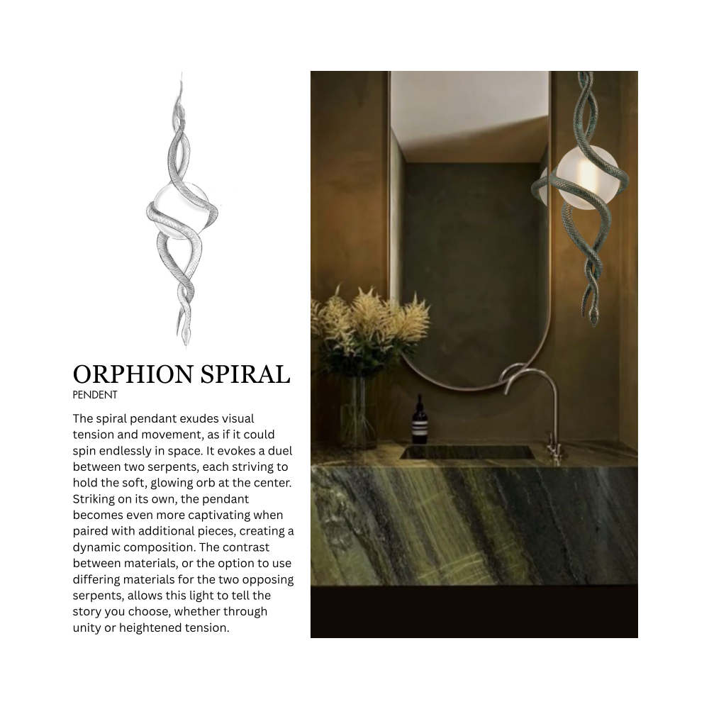 Enlarged sketch of the Orphion Spiral Pendant, a spherical bulb wrapped with two snakes, above a text description of the light. 3D rendering of a moody bathroom vanity, featuring the Orphion Spiral Pendant paired with a large oval mirror and marbled sink. The text description reads, "ORPHION SPIRAL PENDENT The spiral pendant exudes visual tension and movement, as if it could spin endlessly in space. It evokes a duel between two serpents, each striving to hold the soft, glowing orb at the center. Striking on its own, the pendant becomes even more captivating when paired with additional pieces, creating a dynamic composition. The contrast between materials, or the option to use differing materials for the two opposing serpents, allows this light to tell the story you choose, whether through unity or heightened tension."