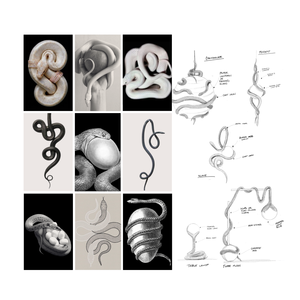 An inspiration board composed of 9 photographs arranged in a grid, featuring a variety of sculptural snakes. To the right, five process sketches of the lighting design.