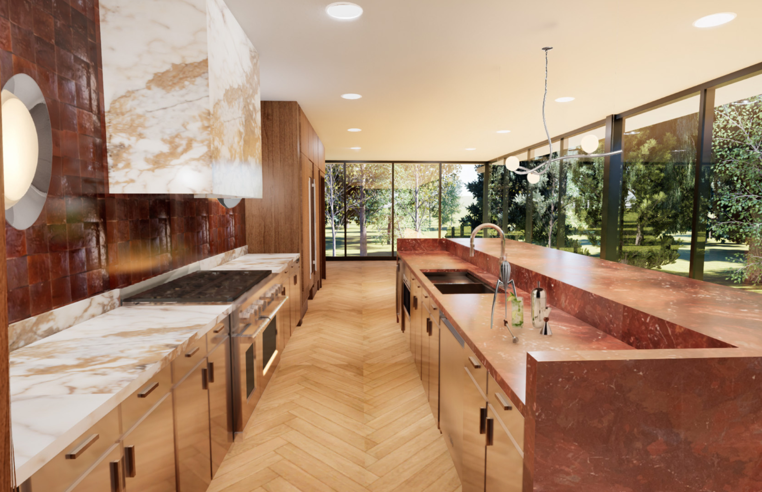 3D perspective rendering of the kitchen,
featuring dark wood cabinetry, red marbled
island countertop, a white and gold marble
range hood, red sqaure tile backspash and
windows lining the walls.