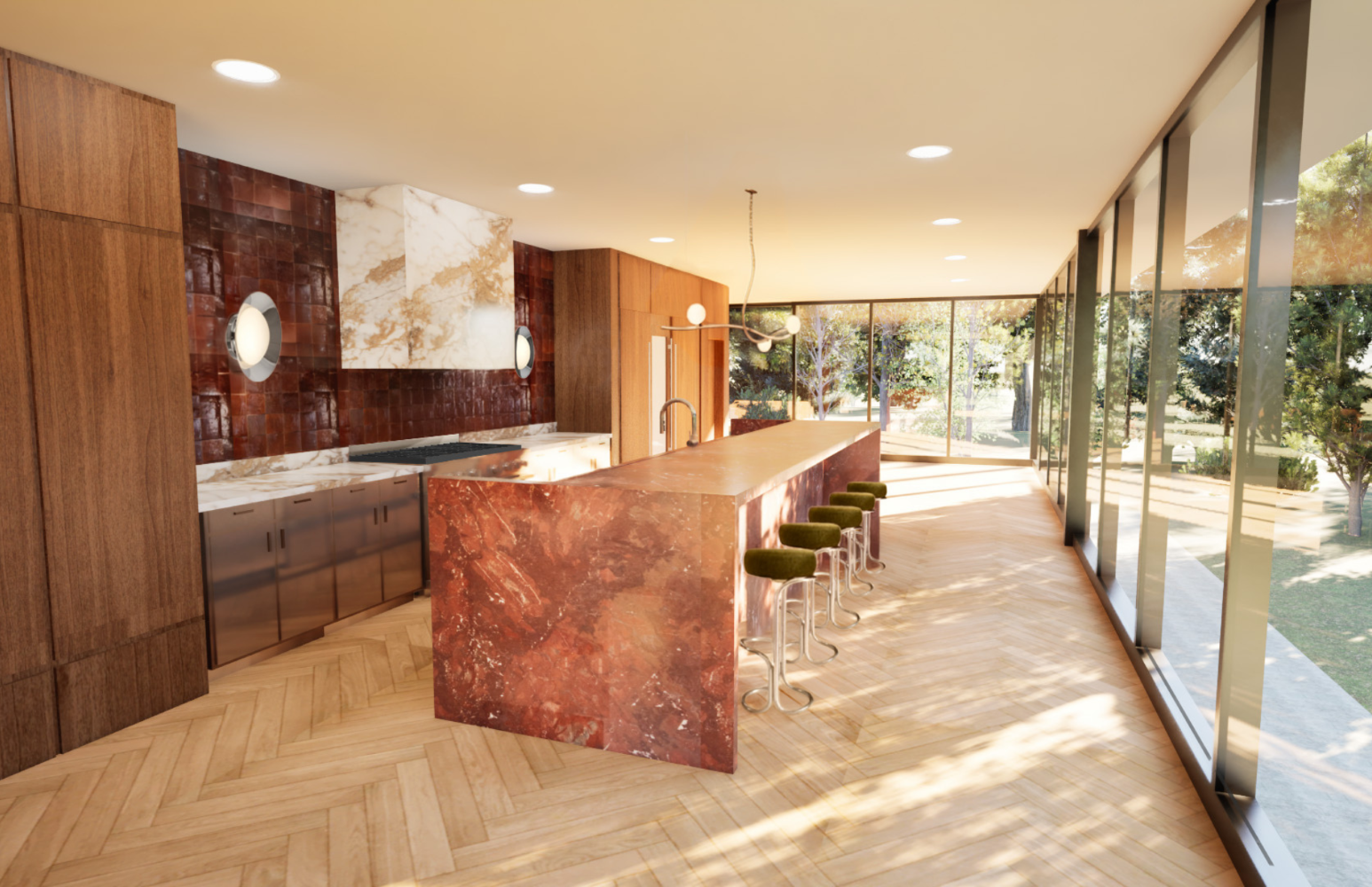 3D perspective rendering of the kitchen,
featuring dark wood cabinetry, red marbled island
countertop, a white and gold marble range hood,
red sqaure tile backspash and windows lining the
walls.