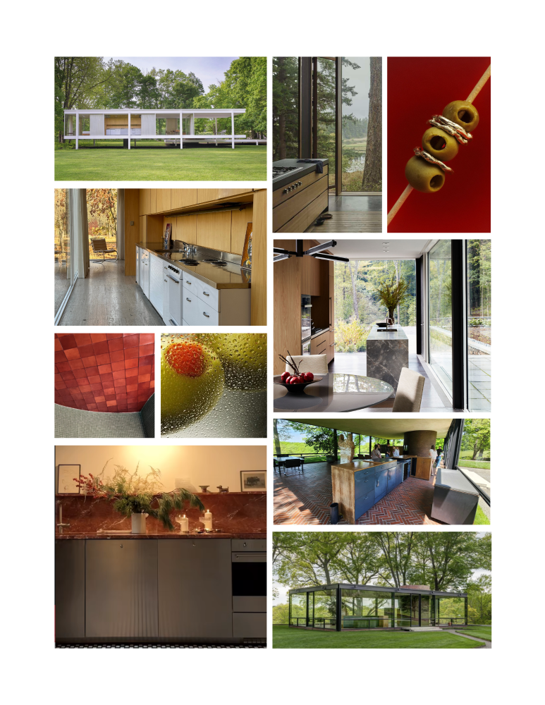 An inspiration board composed of 10 photographs
of glass houses, olives, and trees, evoking a
feeling of refined luxury.