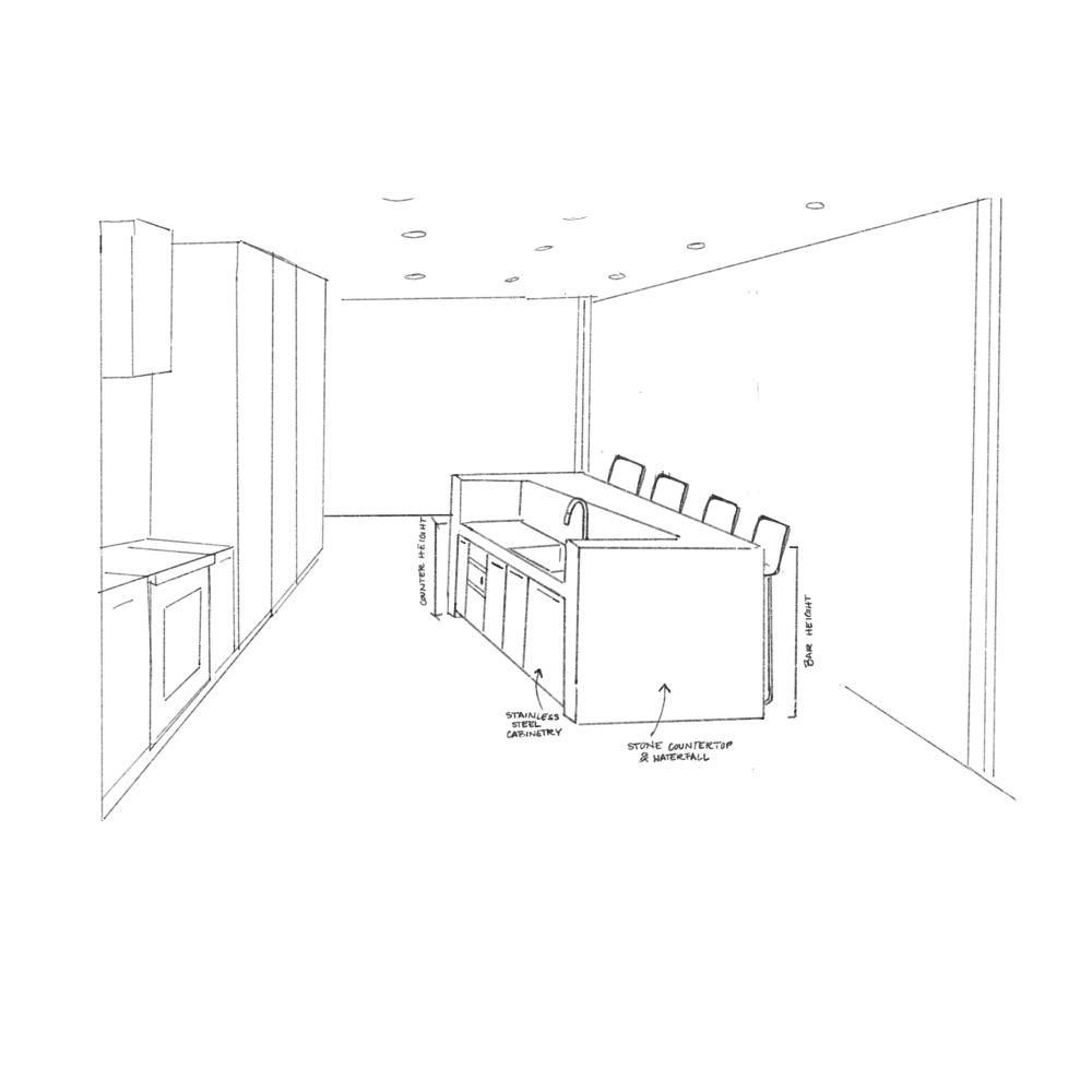 Initial perspective sketch of the kitchen layout.