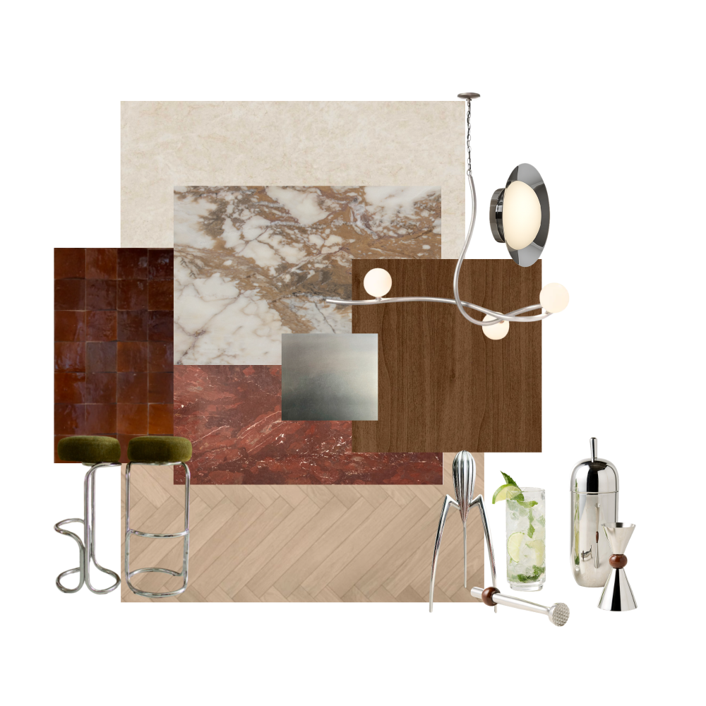 Material and furniture selection featuring red
tiles, marble, and wood, along with silver kitchen
accessories.