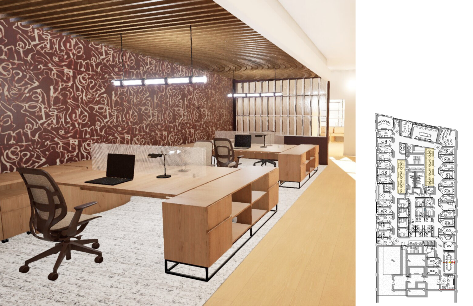 3D perspective of a work space, featuring a red
wallcovering next to four large work desks. On the
right, a floor plan with the room highlighted.