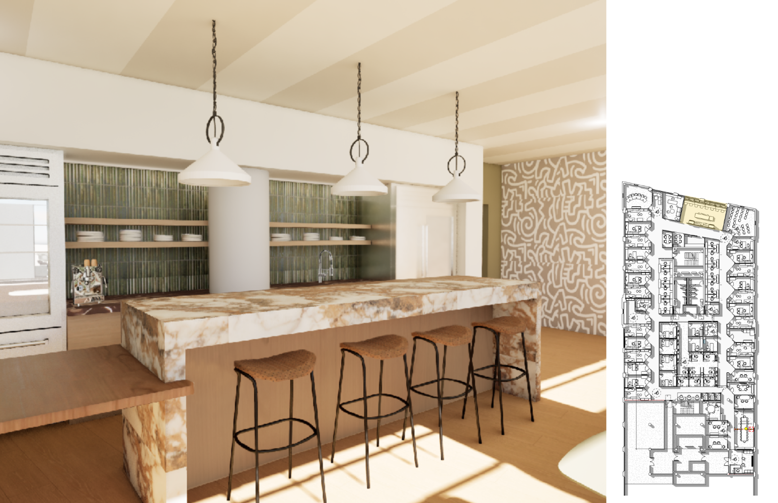 3D perspective of the kitchen, featuring bar
seating with a white and gold marble countertop.
On the right, a floor plan with the room
highlighted.
