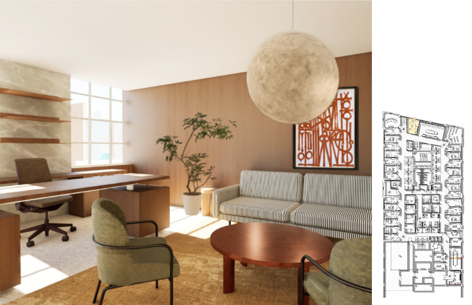 3D perspective of an office with a desk and
chair, accompanied by a seating area with
two lounge chairs, a coffee table, and sofa.
On the right, a floor plan with the room
highlighted.