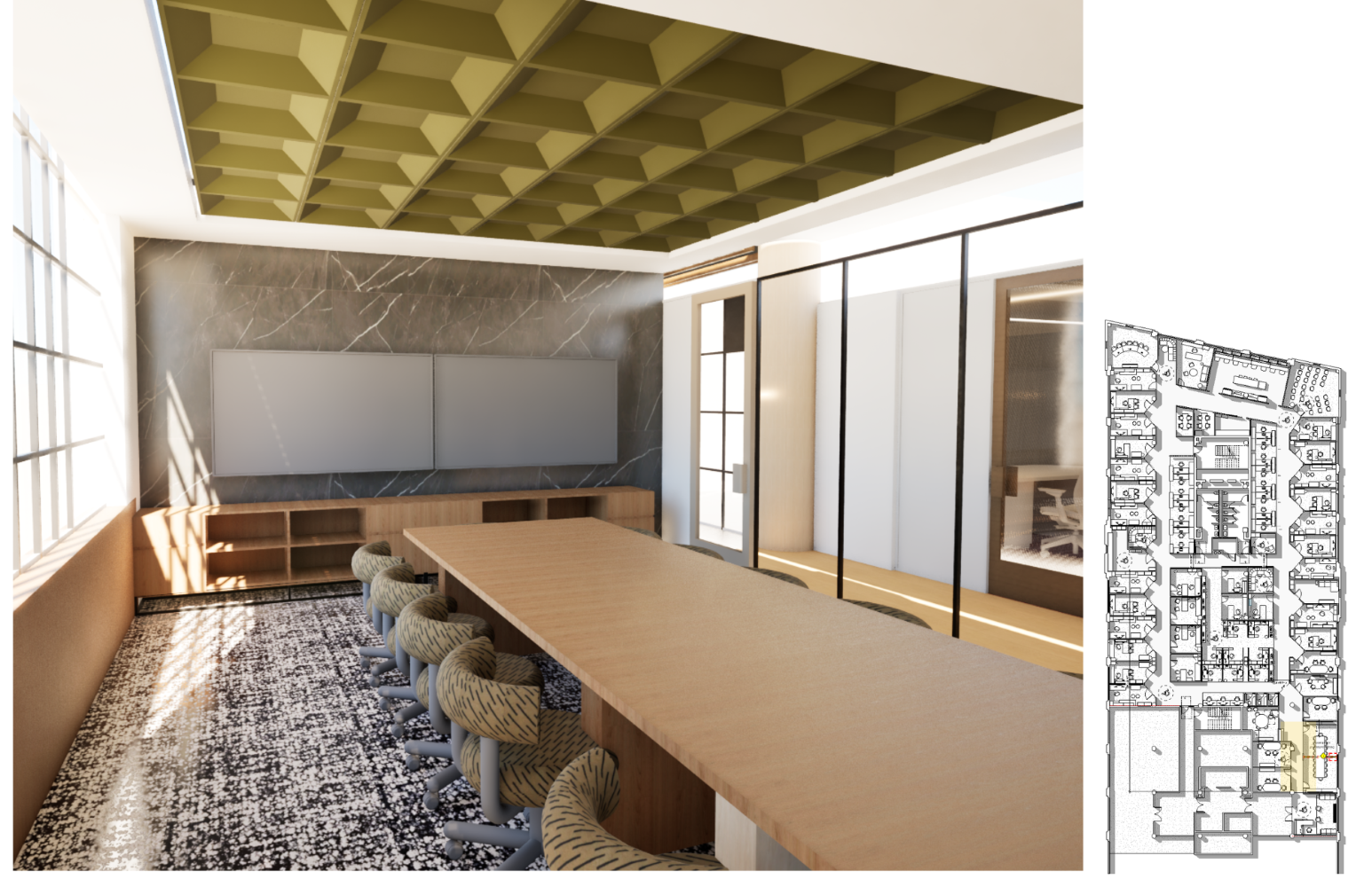 3D perspective rendering of a conference room
with a large wood table with patterned office
chairs and storage at the back. On the right, a
floor plan with the room highlighted.