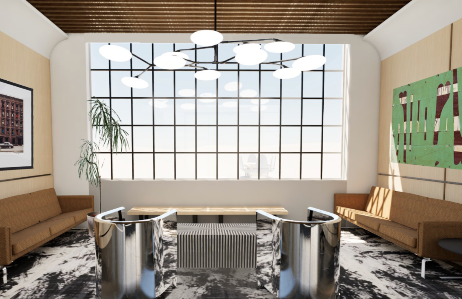 3D perspective rendering of the community hub,
featuring chrome lounge chairs, large window and
a side sofa.