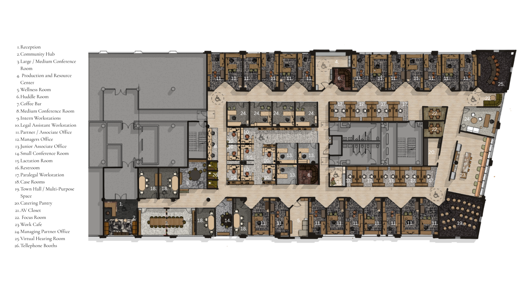 Rendered floor plan of the law office with callouts
to each space.