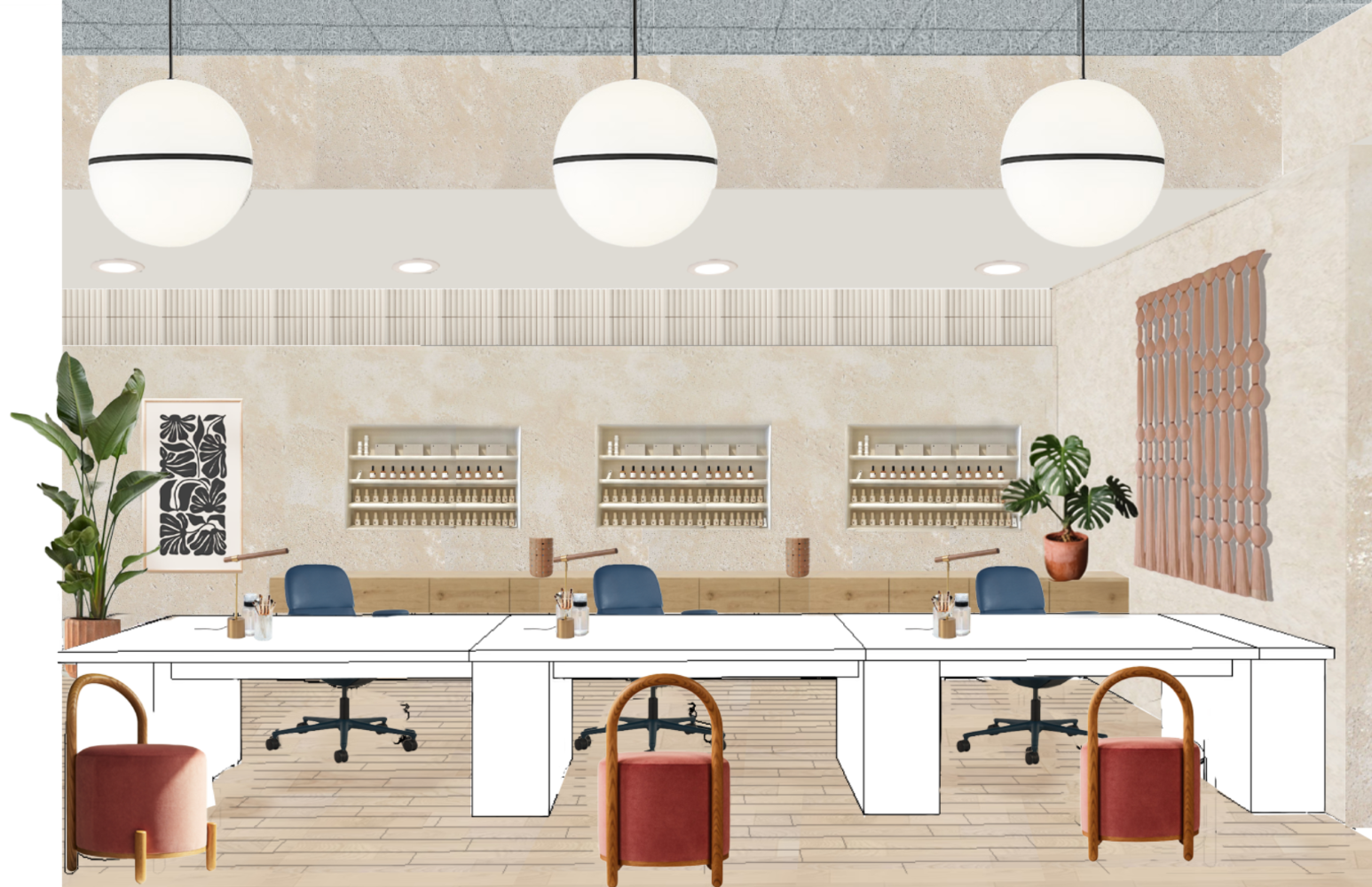 3D perspective rendering of the manicure stations,
featuring pink loop back chair, white manicur tables,
blue ergonomic chairs, light wood casework, white
limewash walls with inset sheves that are holding nail
polish bottles, and cream ribbed tiles above the
limewash. the ceiling is a painted gyp drop down
ceining and a clue act raised ceiling with three large
orb light in the center.