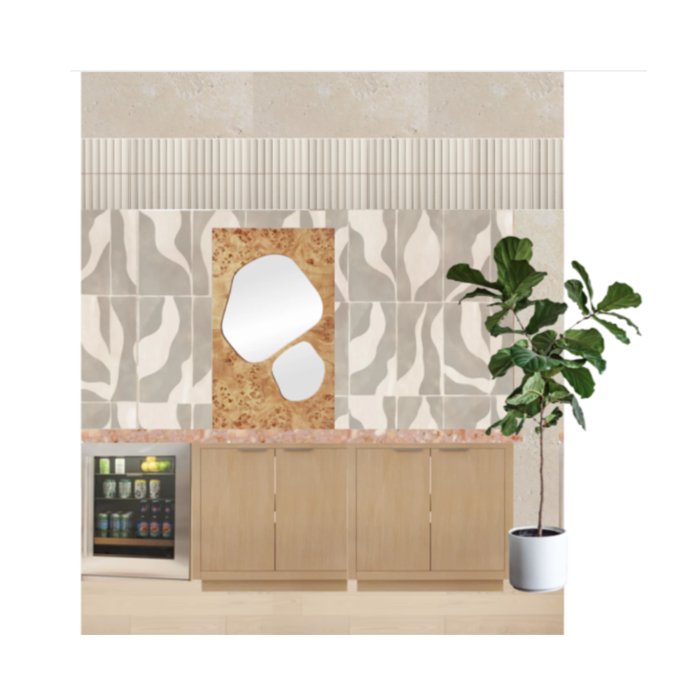 3d rendering of the refreshment area of the nail
salon featuring light wood cabinetry, a mini fridge,
and pink terrazzo counter tops, a woden organic
mirror, a grey and white organic wallpaper, ribbed
cream tiles above.