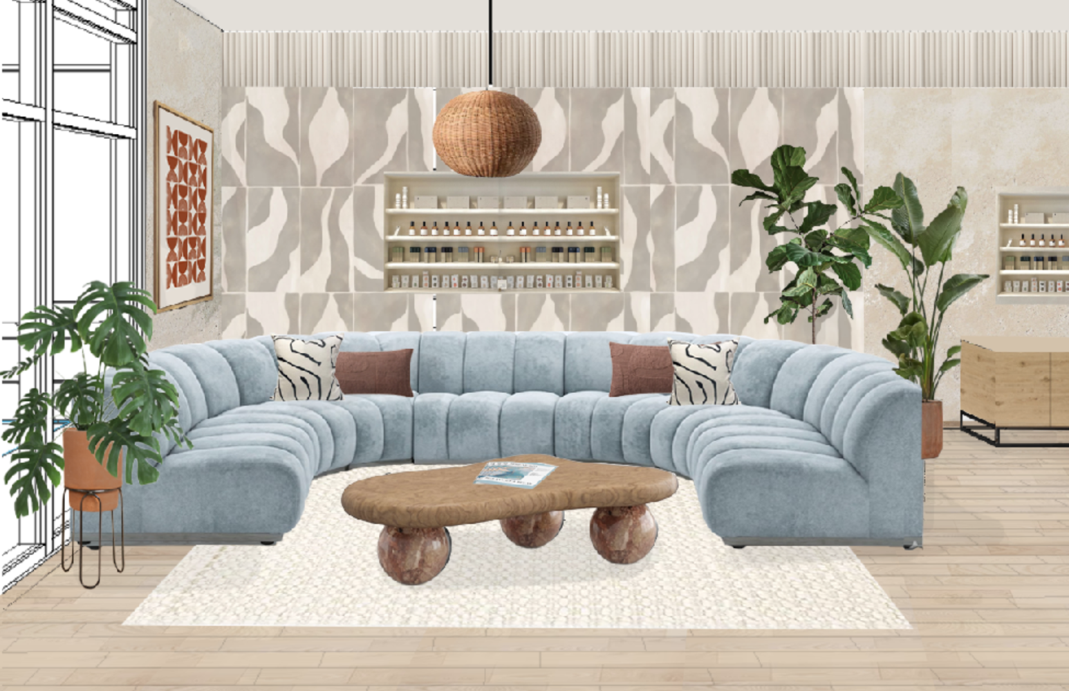 3D rendering of Nail bar lounge, featuring a light
blue velvet sofa, an organic wooden coffee table, an
organic grey and white leaf inspired wall paper,
woven wood large pendent, and inset shelving with
nail products on display.