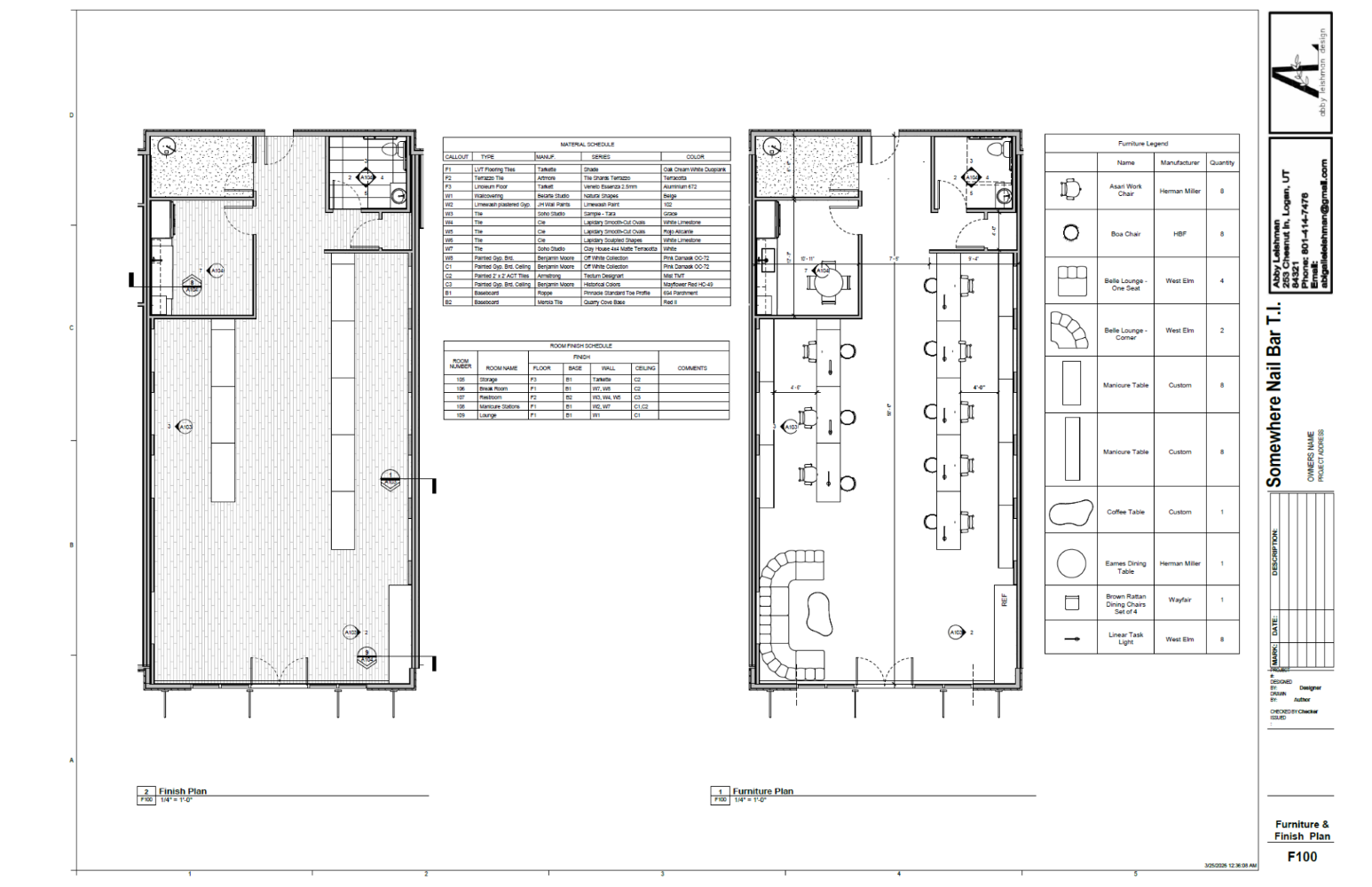 Finish plan and furniture plan used in constucition
documents and include legends for both plans