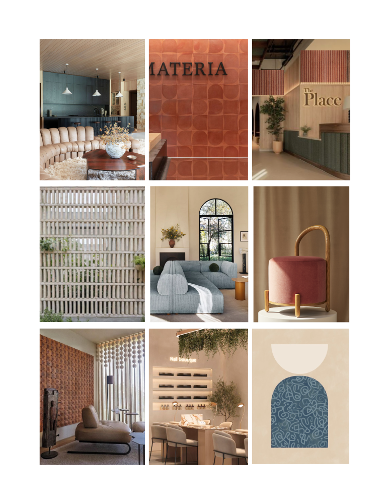 An inspiration board composed of 9 photographs of
boho inspred interiors, including terra cotta, stucco
beige, and blue accents.