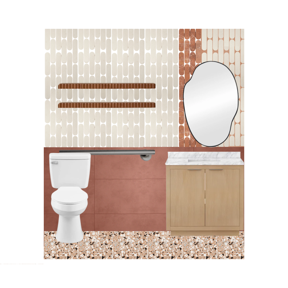 3D perspective rendering of the bathroom,
featuring terra cotta colored terazzo tile floors,
terra cotta walls on the bottom half, and cream and
terra cotta tiles on the top half of the wals. An
organic mirror is above the sink with is coved by
light wood casework. two walnut finished
floatingshelves are above the toilet.