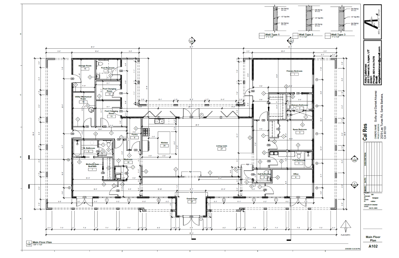 Construction Documents of the first floor plan
with dimensions and tags.