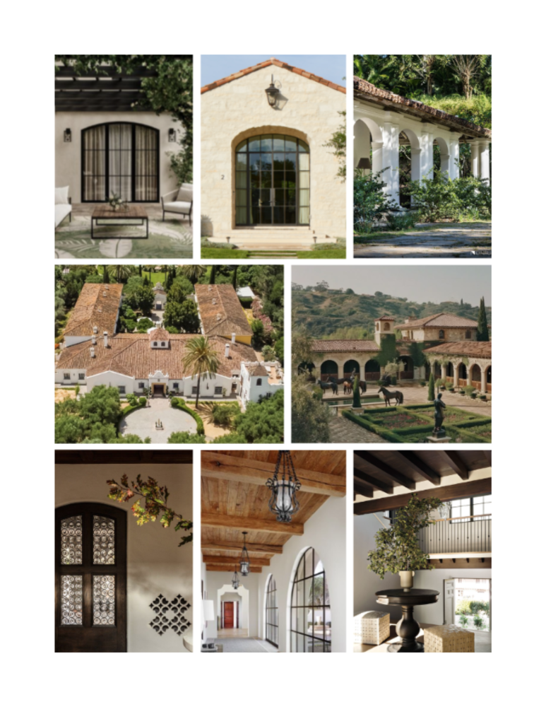 An inspiration board composed of 8
photographs of Spanish architecture, focusing
on the roof, arched windows and beams.