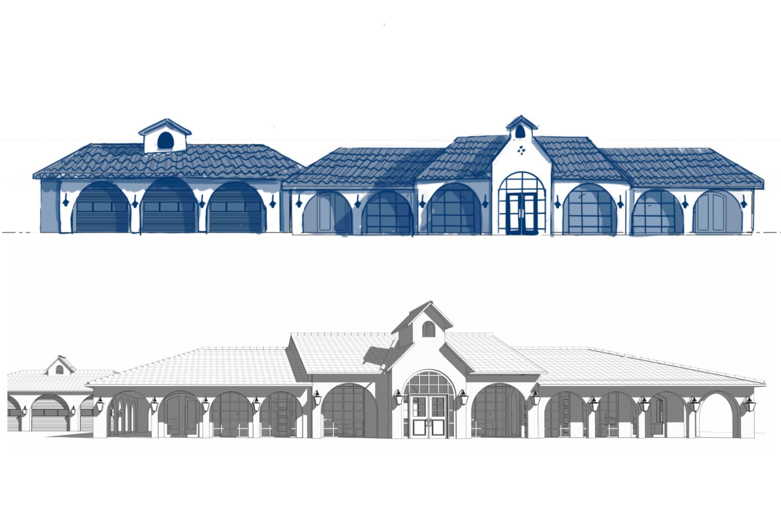 Two renderings of the front exterior elevations.
The top is an initial blue sketch of the exterior,
and the bottom a rendered perspective
including shadows.