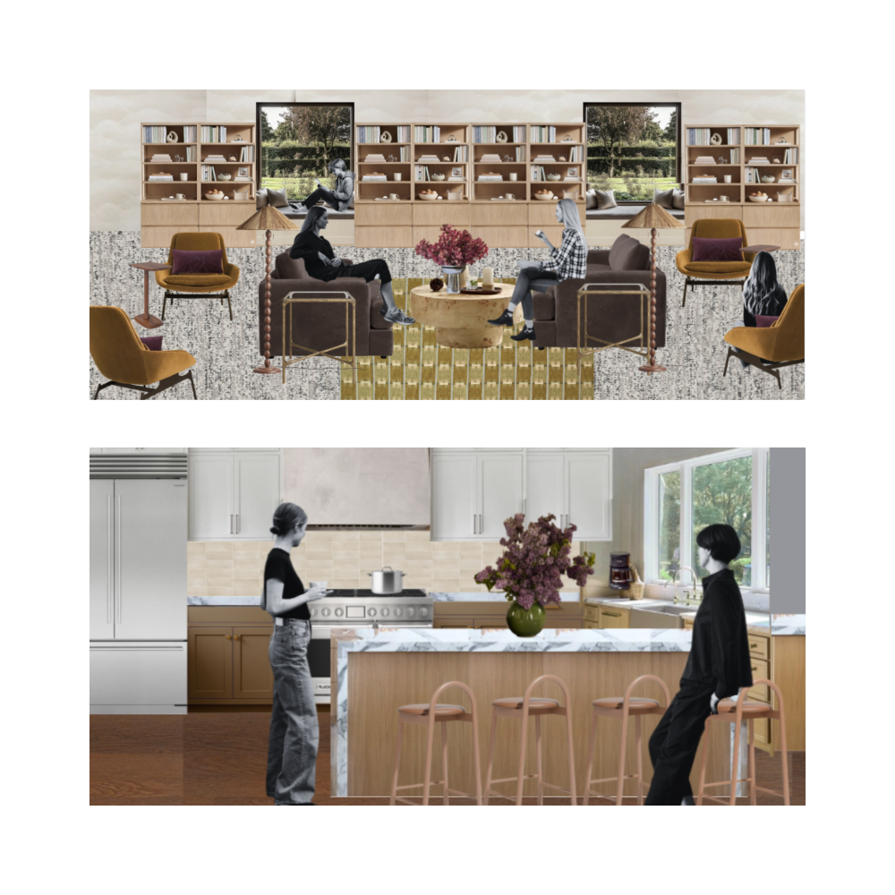 Mixed media rendering of a community lounge,
featuring bookshelves, two sofas, lounge chairs, a
coffee table, and lamps. A second rendering below
of a kitchen, featuring an island with stools and
light wood cabinetry.