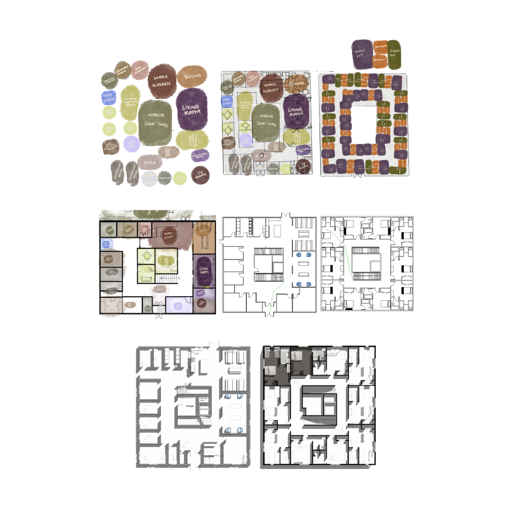 A collection of process work of finalizing the space
plan. Starting blocks of color representing each
space and slowing refining it to dimentioned plans.
