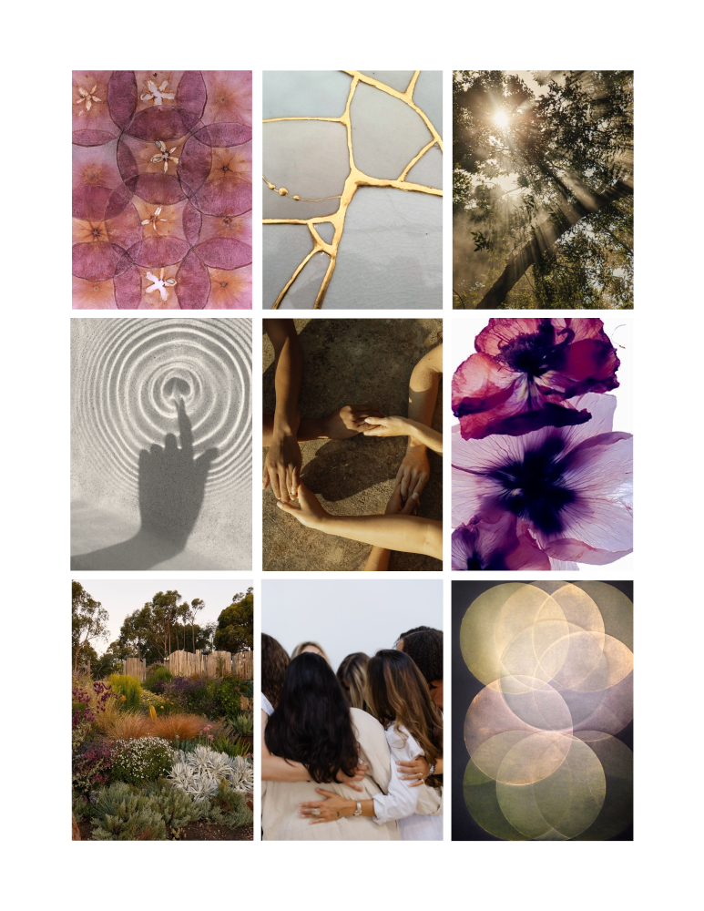 An inspiration board composed of 9 photographs
arranged in a grid, featuring a purple and pink
flowers, light elements, and women hugging.