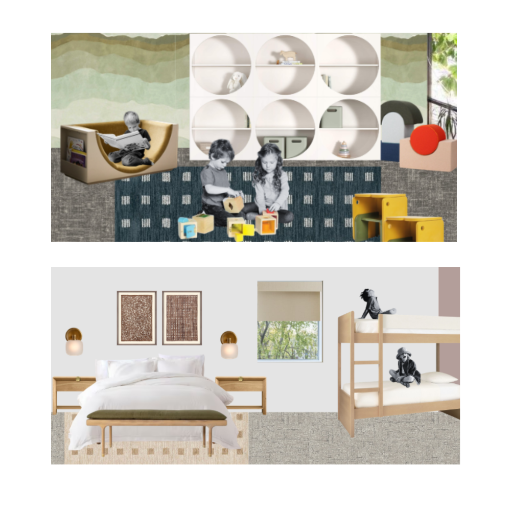 Mixed media rendering of a child playroom
with toy storage and seating. A second
rendering below of a family suite, with a queen bed and bunk bed.