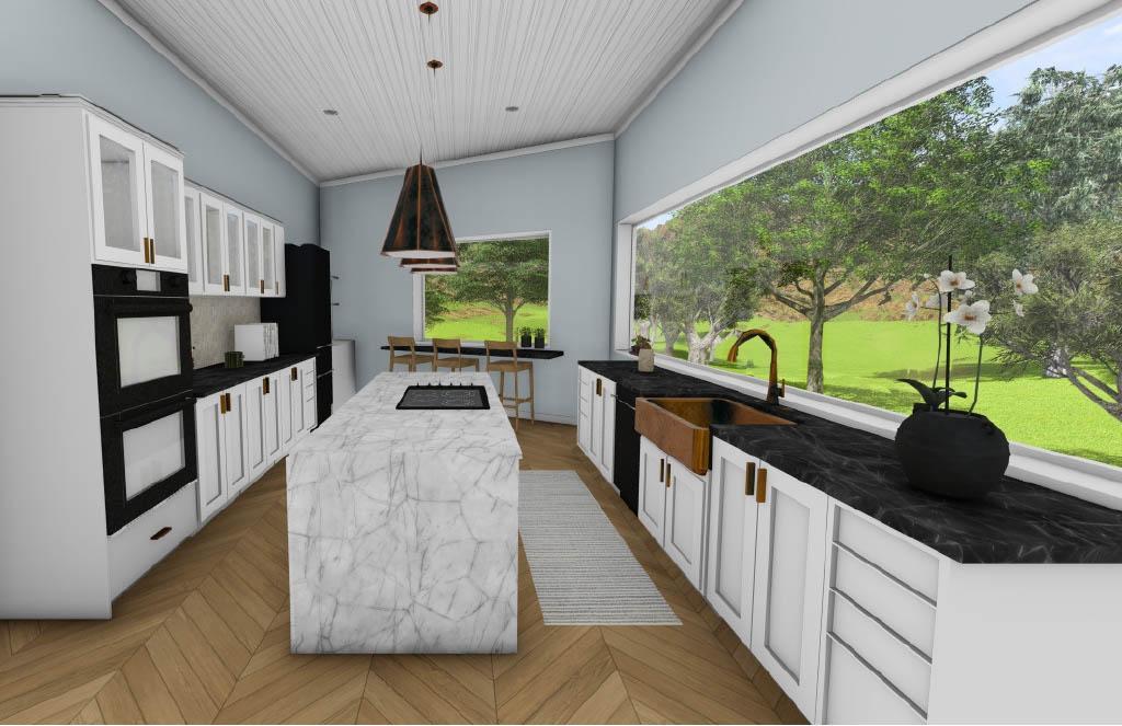 Kitchen rendering featuring white cabinetry, a central marble island, black countertops, a farmhouse sink, and large windows providing natural light and views of greenery.