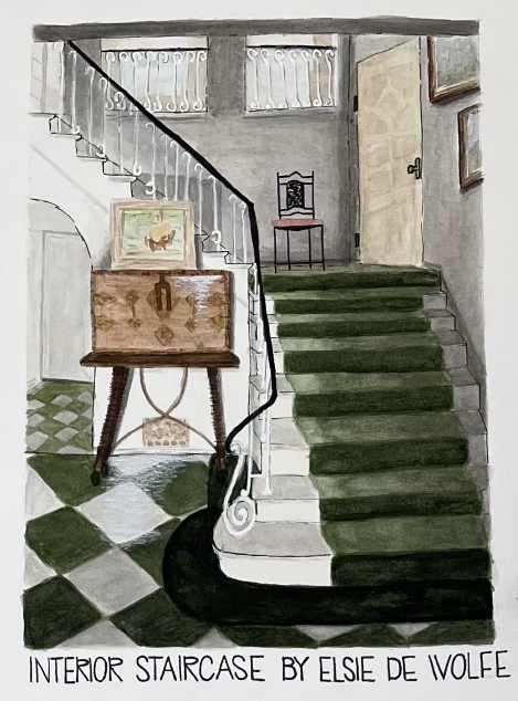 Watercolor rendering of a classic interior staircase designed by Elsie de Wolfe, featuring a green-carpeted white staircase alongside a green and white checkered marble floor and a vintage wooden secretary desk.