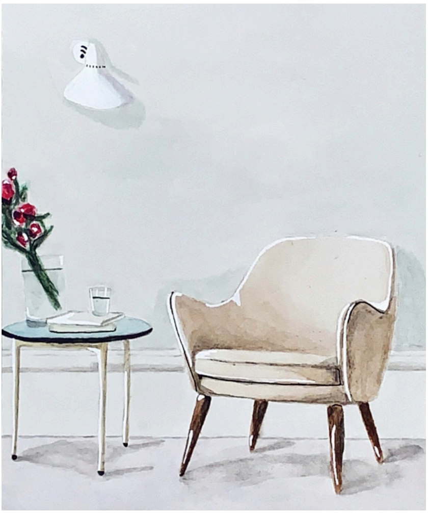 Watercolor rendering of an interior designed by
Hans Olsen. Flowers are in a vase on a table next to a white lounge chair.