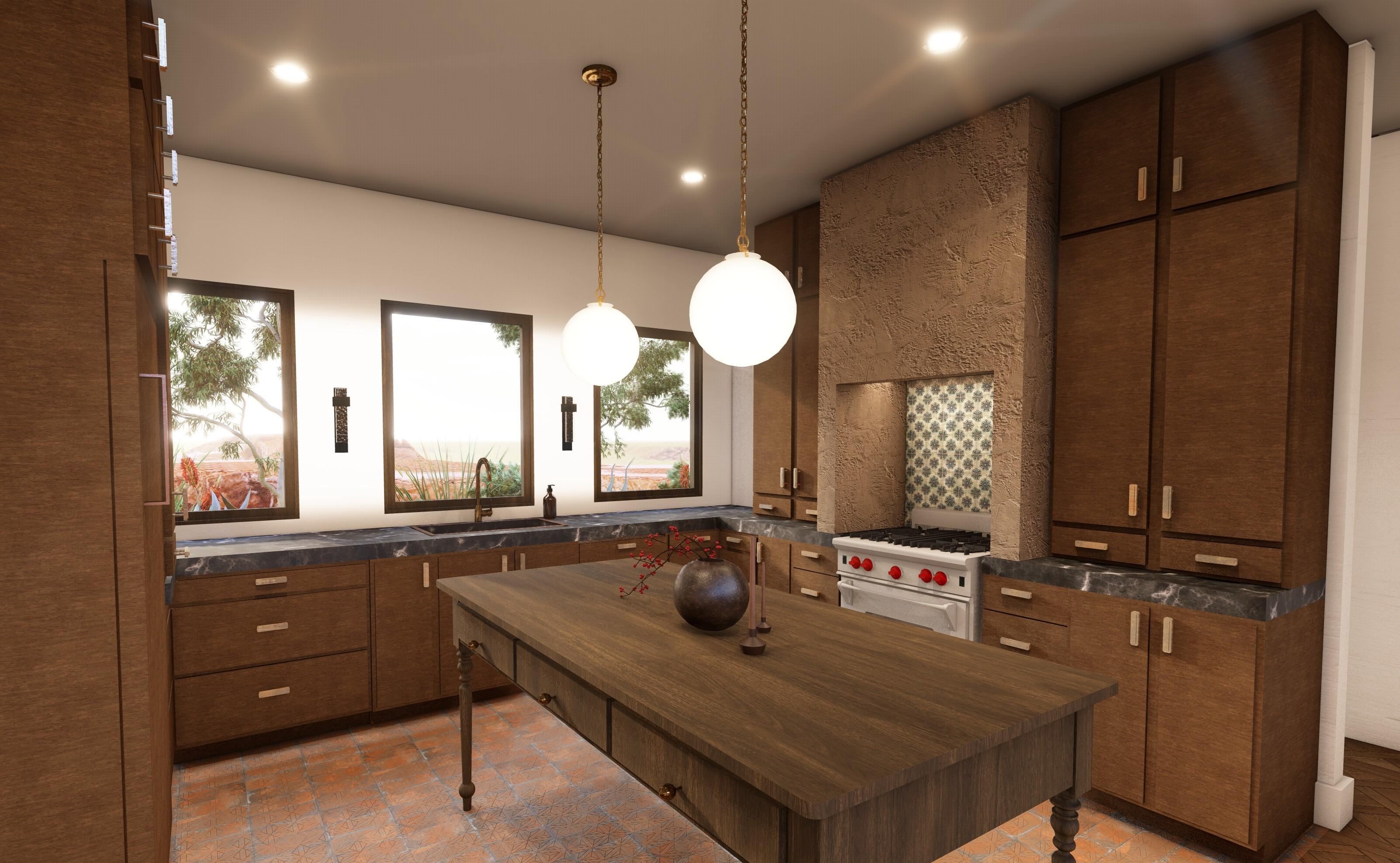 A warm, Mediterranean-inspired kitchen featuring rich wood cabinetry and a central island with
turned legs and integrated storage. Three large windows above the sink bring in natural light
and frame views of an outdoor landscape. Dark stone countertops contrast with the cabinetry,
while a textured plaster range hood surrounds a white stove with red knobs and a patterned tile
backsplash inset. Two globe pendant lights hang above the island, adding soft ambient lighting.
The floor is finished in terracotta tile, reinforcing the earthy, rustic palette and creating a cozy,
inviting cooking space.
