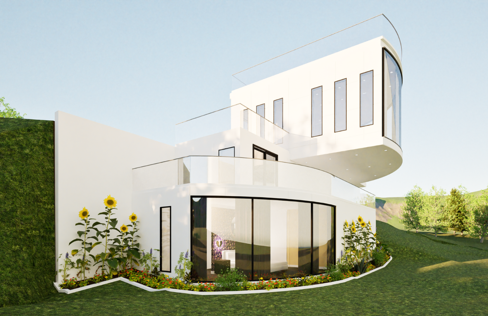 Contemporary two-story residence featuring curved white exterior forms,
expansive glass windows, and a rounded balcony, set within a landscaped garden with
greenery and flowering plants.