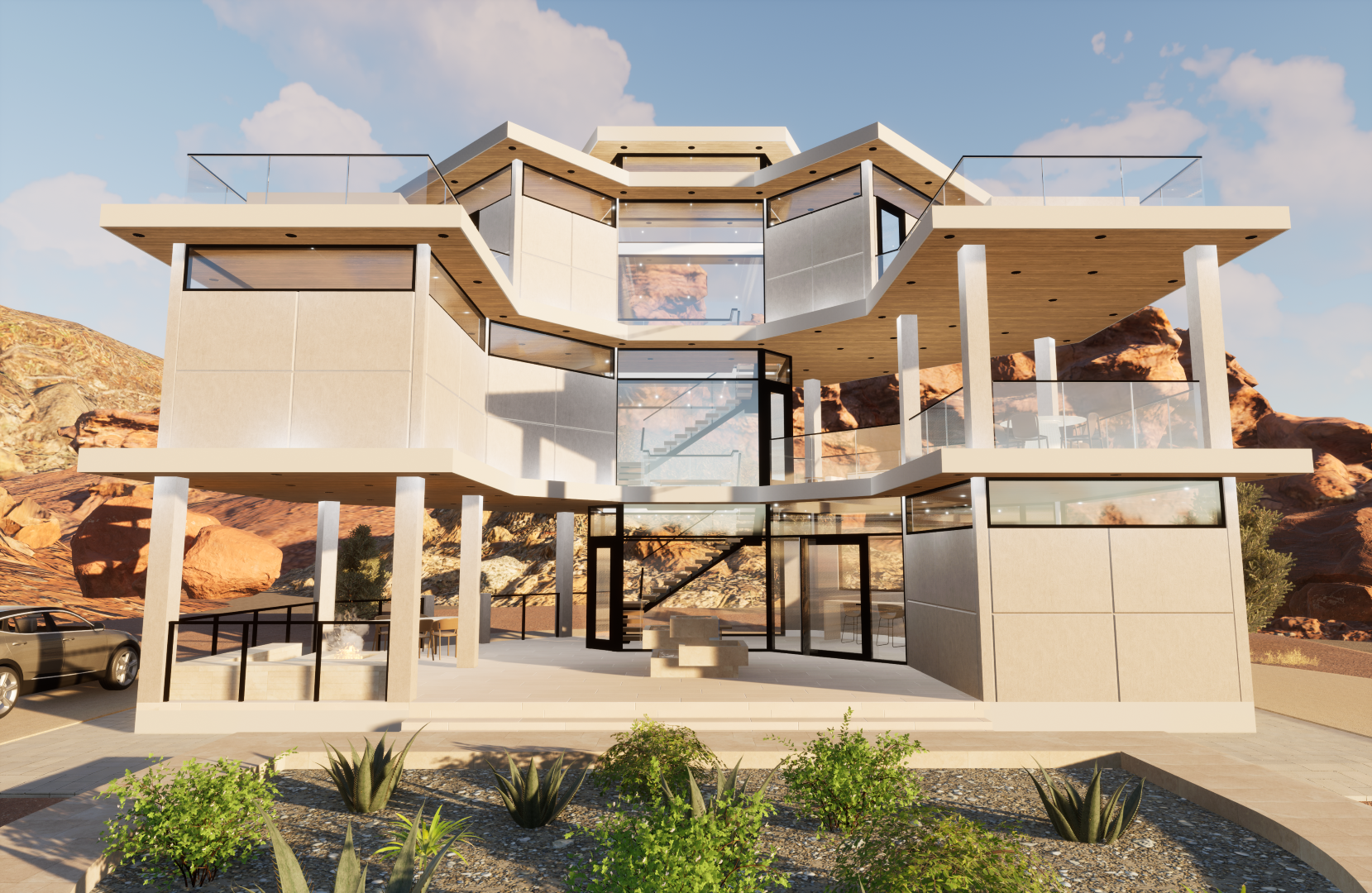 Exterior rendering of a small modern residence near Zion National Park based
on stacked desert rock formations