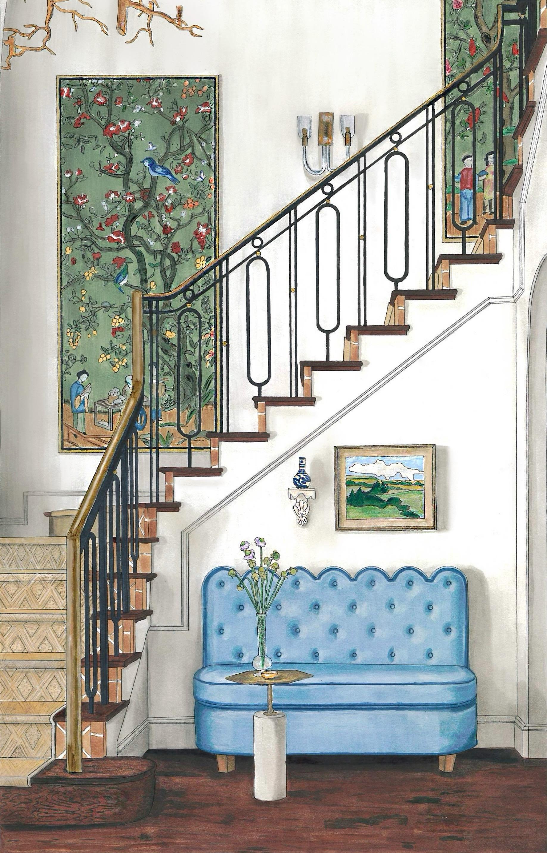 Hand-rendered staircase vignette with iron railing, blue tufted bench, and art-filled walls