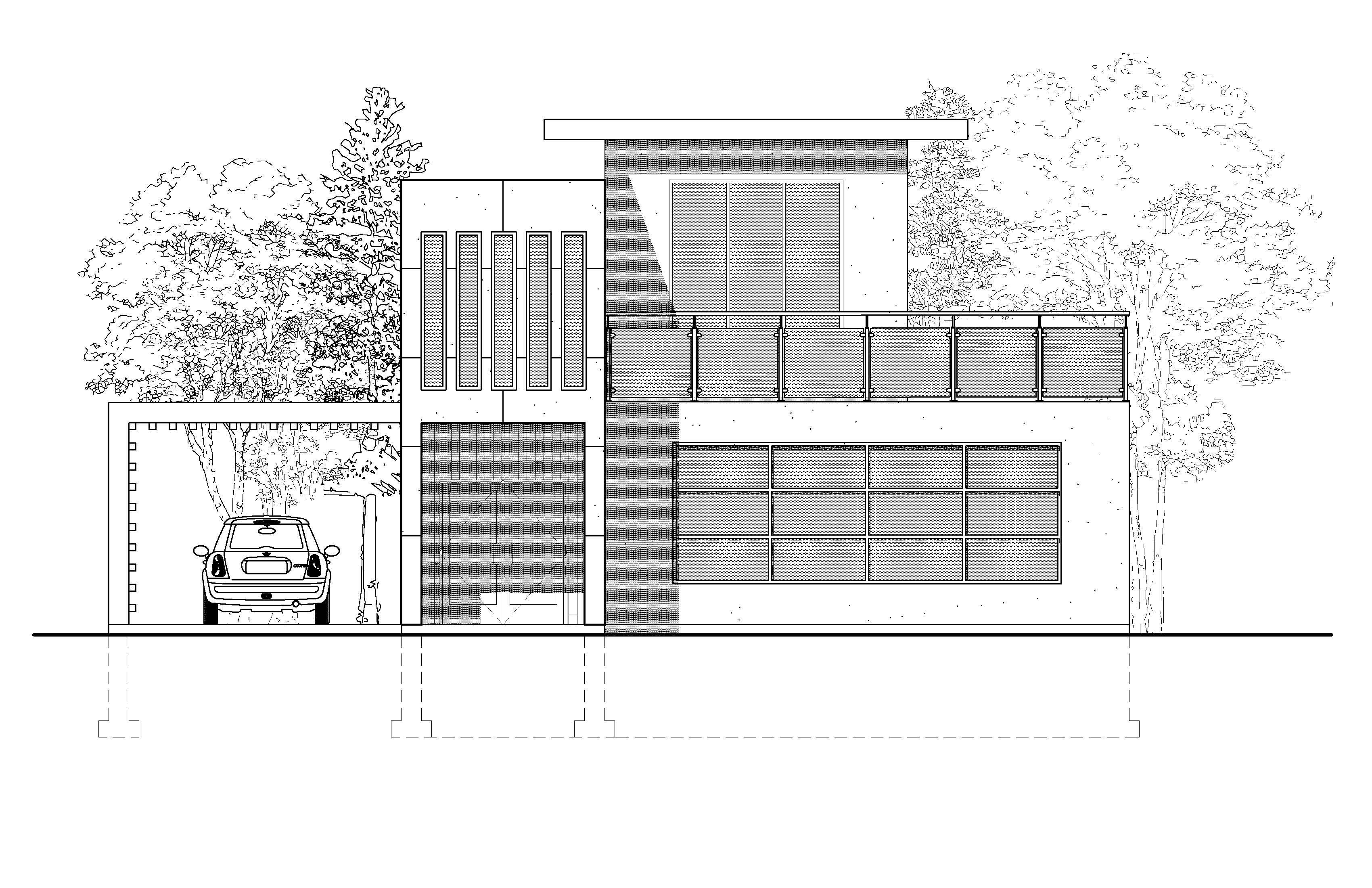 This architectural drawing shows the front elevation of a modern two-story tiny house, featuring a flat roof and a second-floor balcony with a glass railing. The exterior includes a mix of paneling and vertical siding, alongside a covered carport on the left and large grid windows on the main level.
