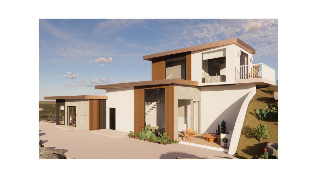 Exterior rendering of a sophomore tiny house project, exploring compact residential design through a two-story composition with flat rooflines, vertical wood slat accents, large windows, and a second-floor balcony, set in a desert landscape.