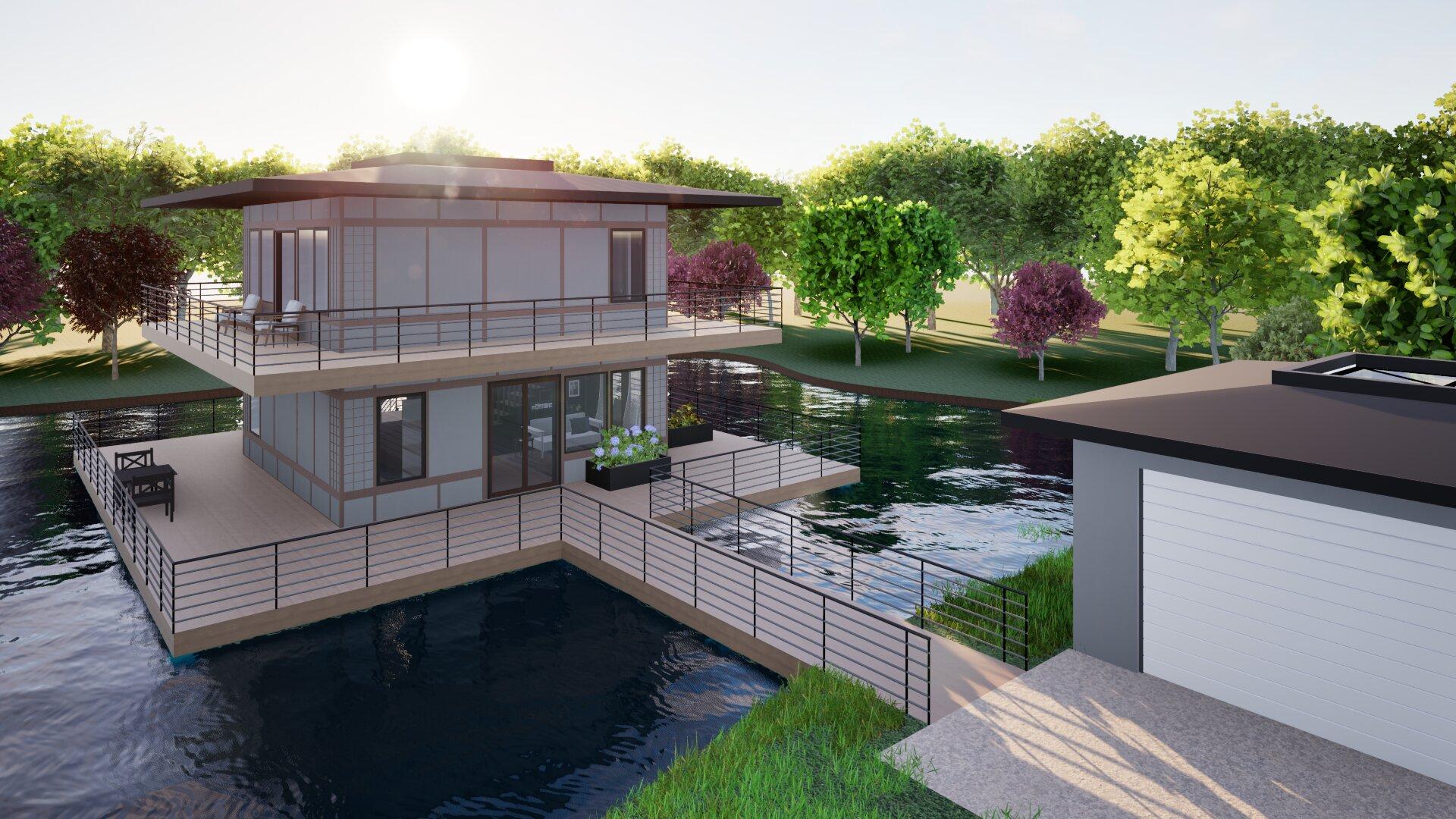 A realistic-style rendering of the exterior of a house. It’s square, two stories with a mostly flat roof, and has decks surrounding it on each level. The home sits in the middle of a small pond, with trees surrounding it, and a bridge leading from the lower deck to a separate garage at the edge of the pond.