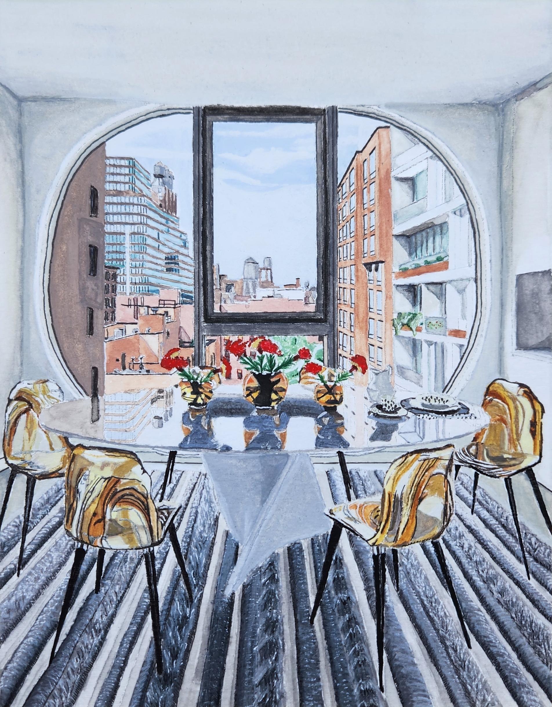 A watercolor hand-rendering of a dining room with a view of New York City outside the window,
a reflective glass table top, and translucent glass chairs.
